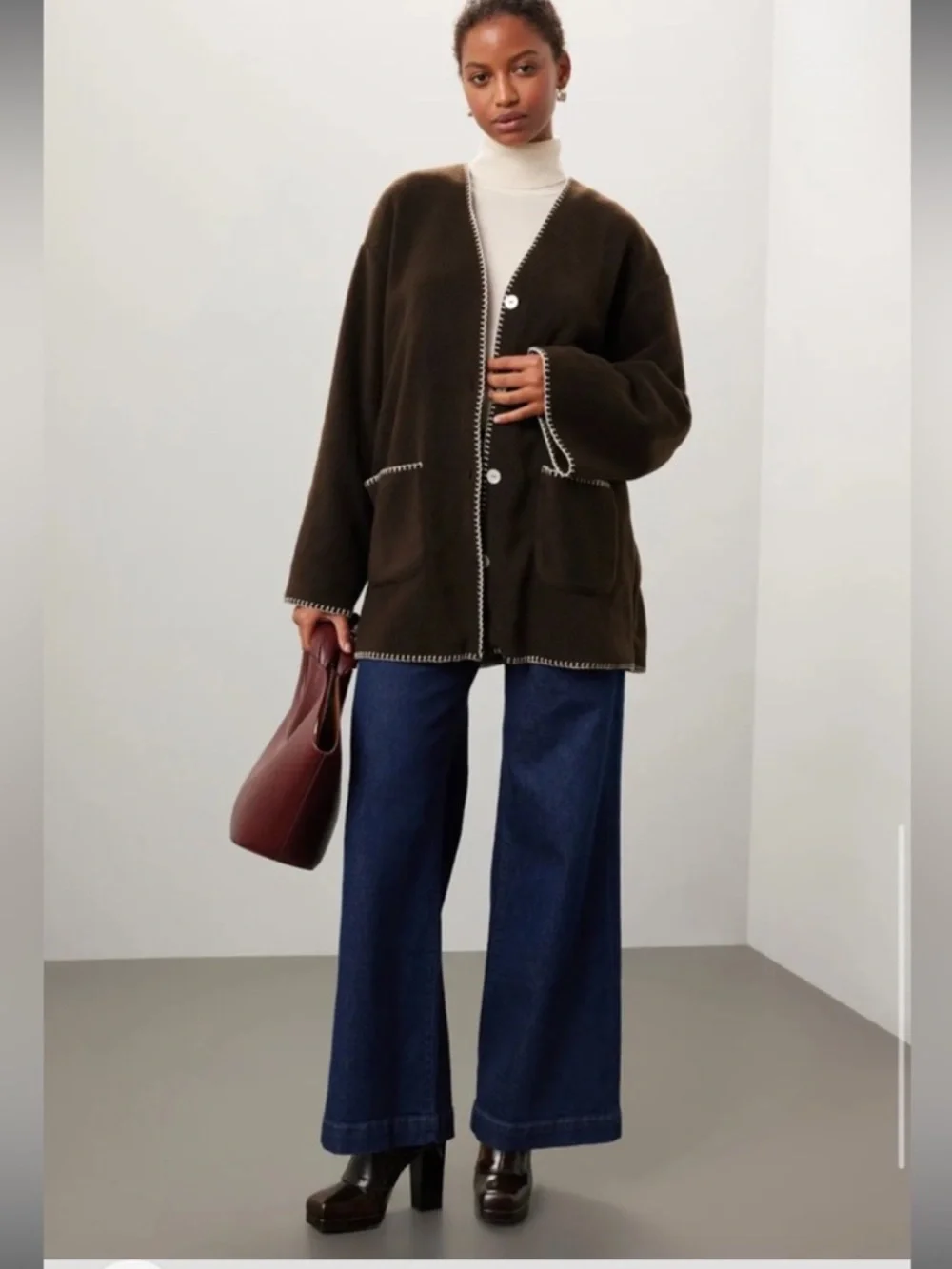 SOLD Donni Polar Fleece Brown Button-Front Contrast Stitch Cardigan XS - Picture 6 of 8